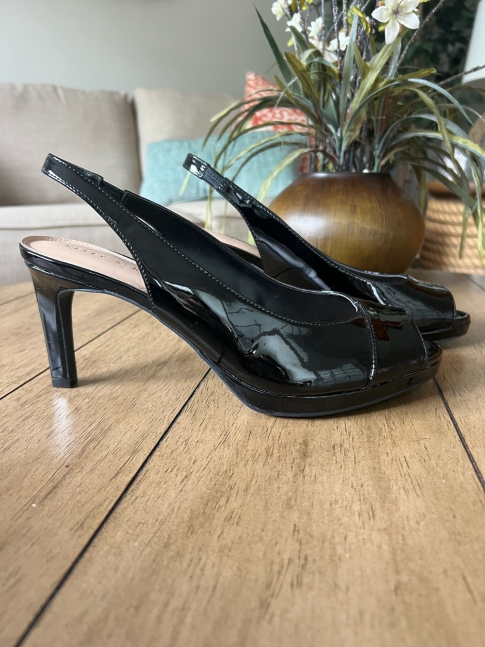Kelly & Katie Black Patent Slingback Peep-Toe Heels